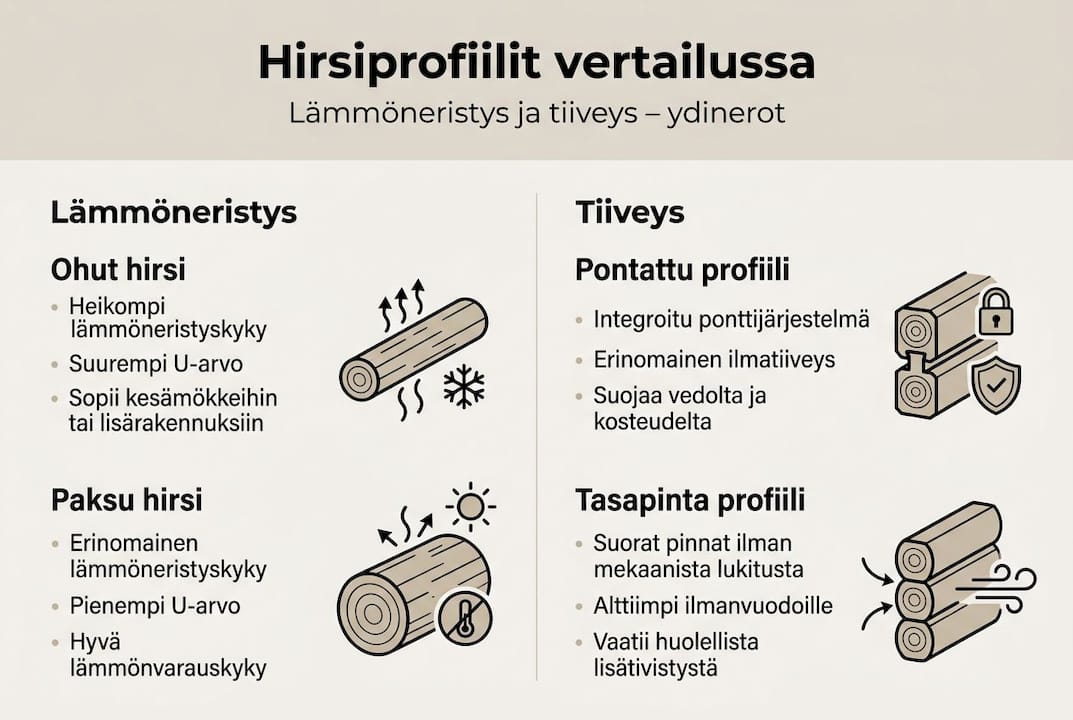 Kuvallinen katsaus hirsiprofiilien tiiviyteen ja lämmöneristyskykyyn