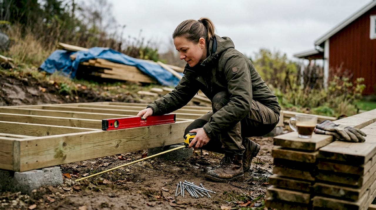 En tekniker kommer ut och mäter nivåskillnaderna på tomten inför bastubygget.