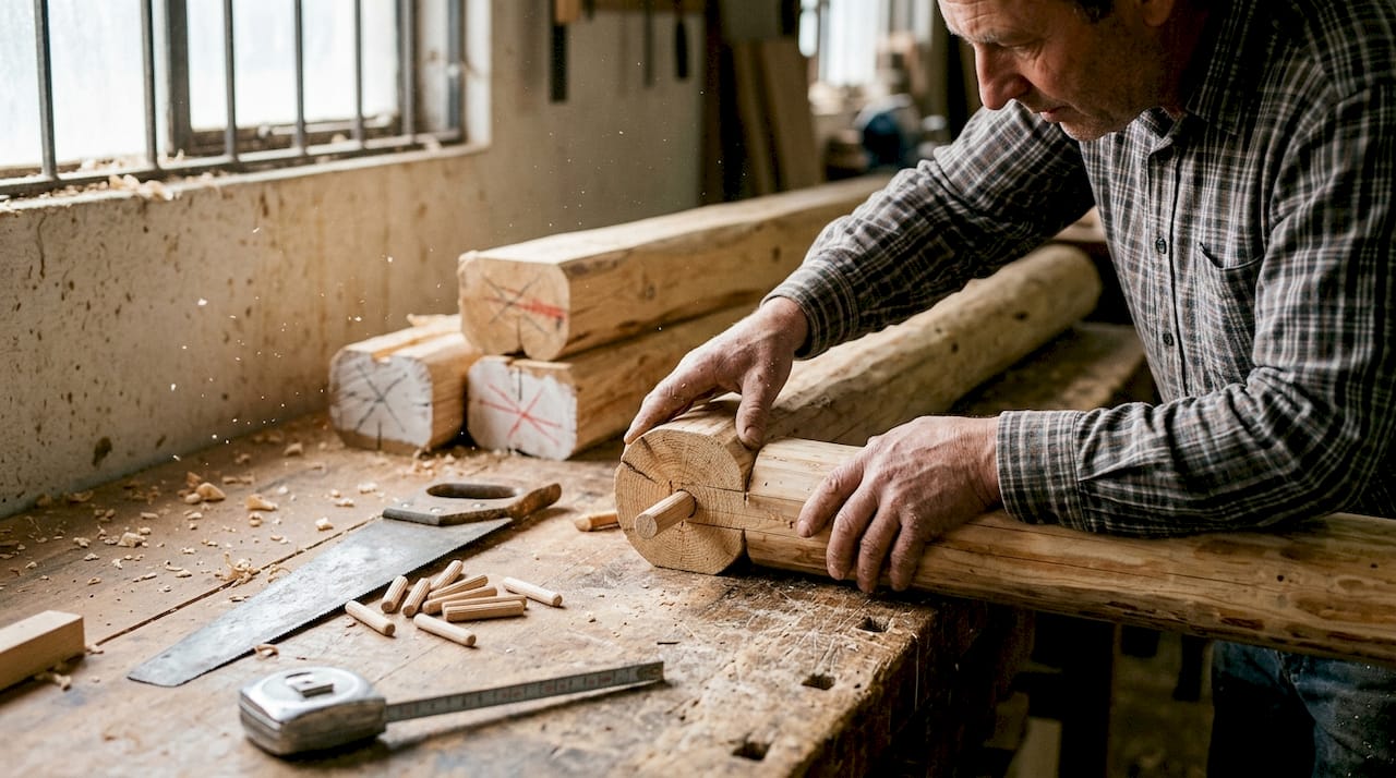 Mit geübter Hand richtet der Handwerker einen Blockhausbalken präzise auf der Werkbank aus.