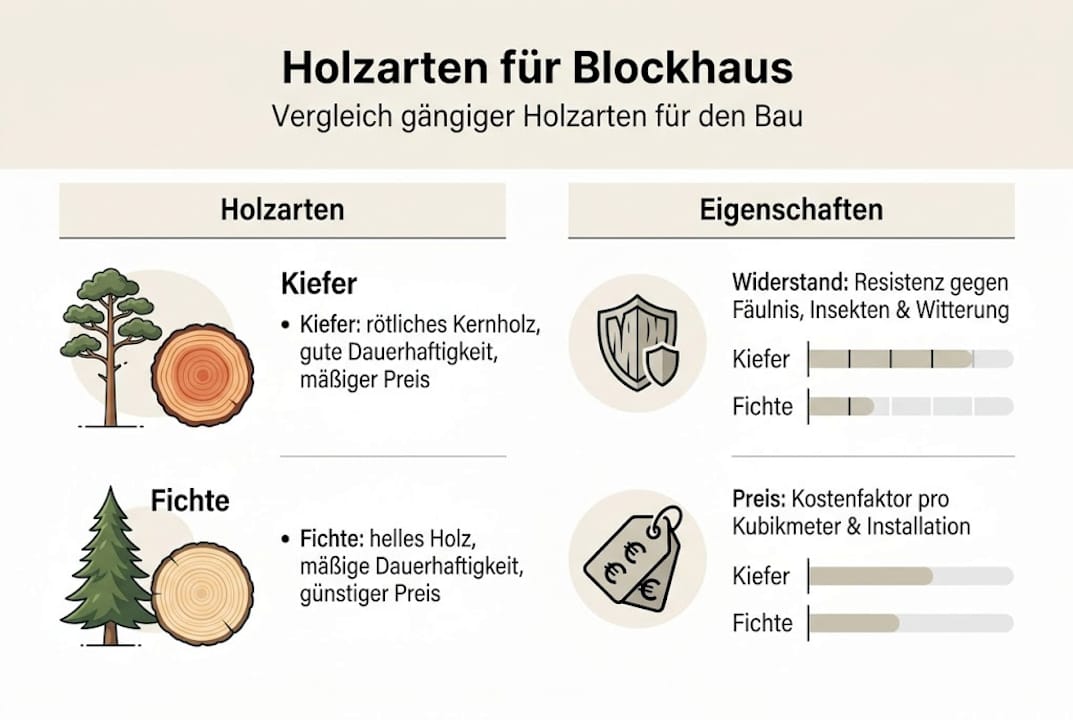 Übersichtsgrafik: Die wichtigsten Holzarten für Blockhäuser im Vergleich
