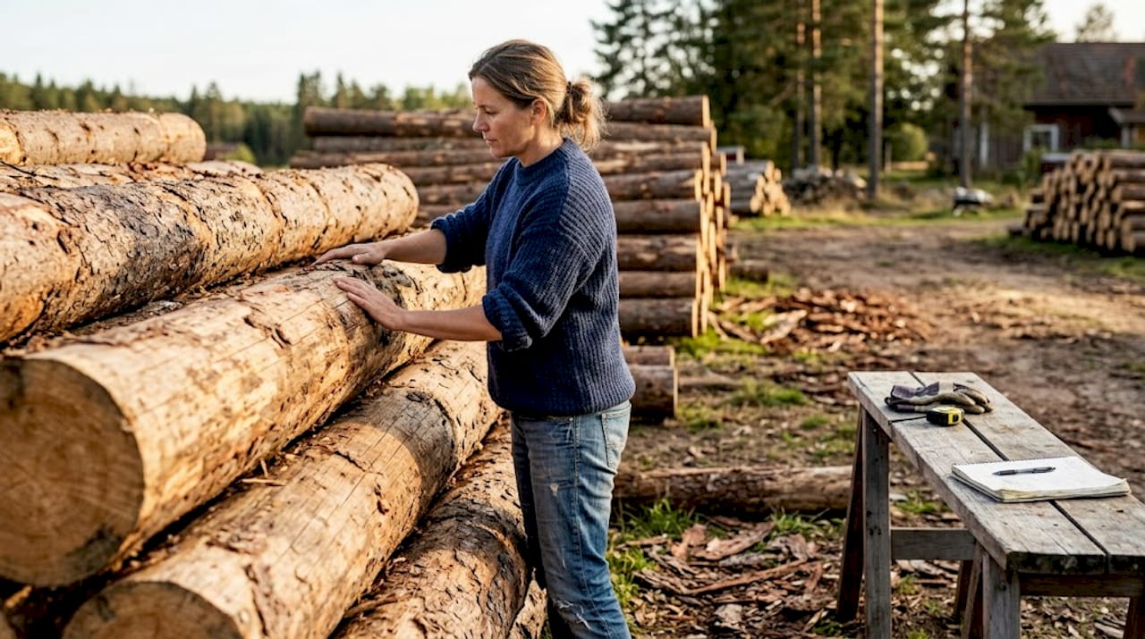 En kvinna granskar timmerstockar utomhus