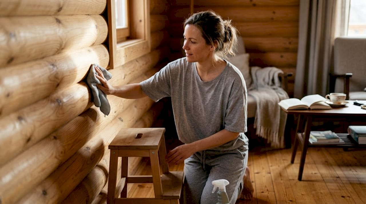 En kvinne vasker tømmerveggen inne i stua.