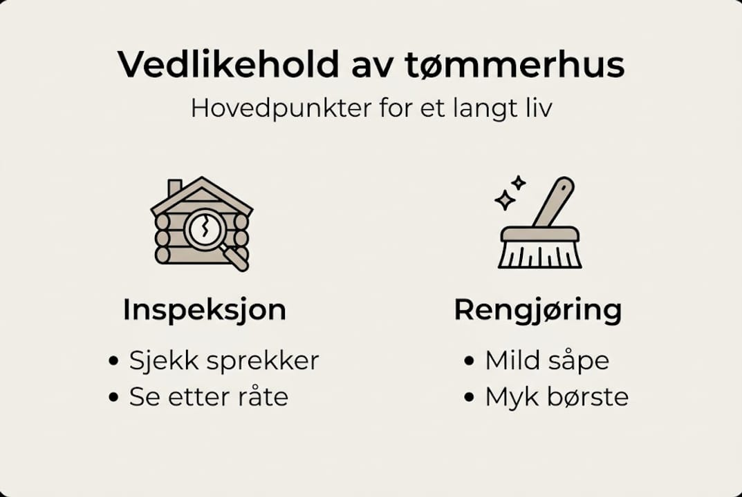 Infografikk med gode råd for inspeksjon og vedlikehold av tømmerhus