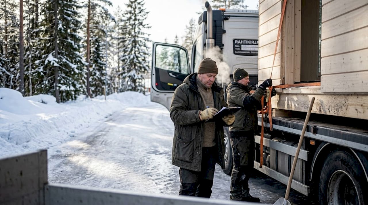 Auch im Winter werden Modulhäuser geliefert: Hier sieht man, wie ein Bauelement bei eisigen Temperaturen zur Baustelle gebracht wird.