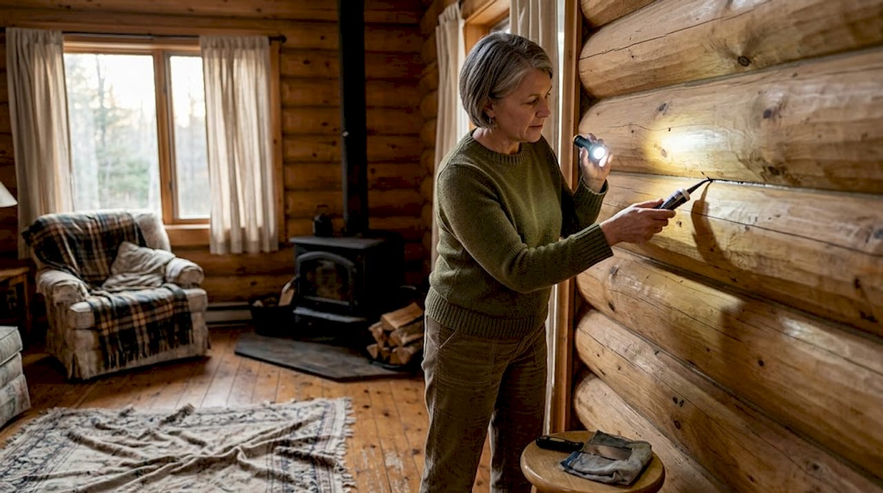 Homeowner maintaining interior log house seam