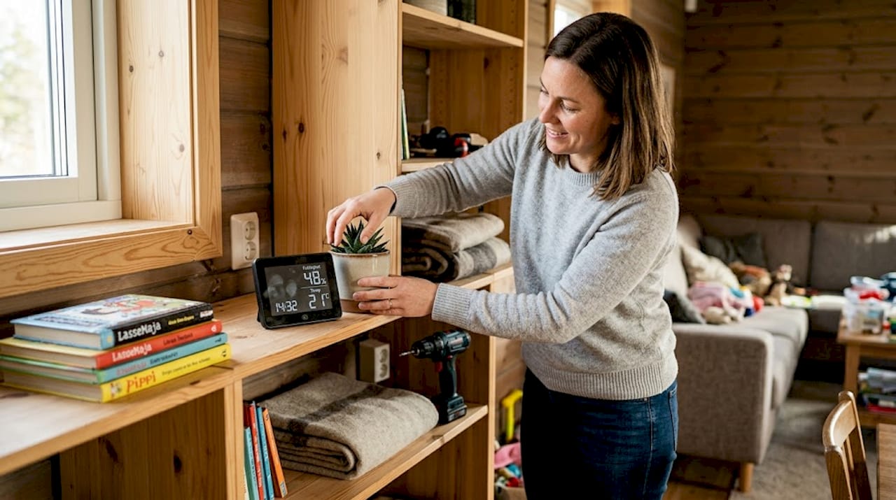 Kvinna kontrollerar luftfuktigheten i ett rum med timmerväggar.