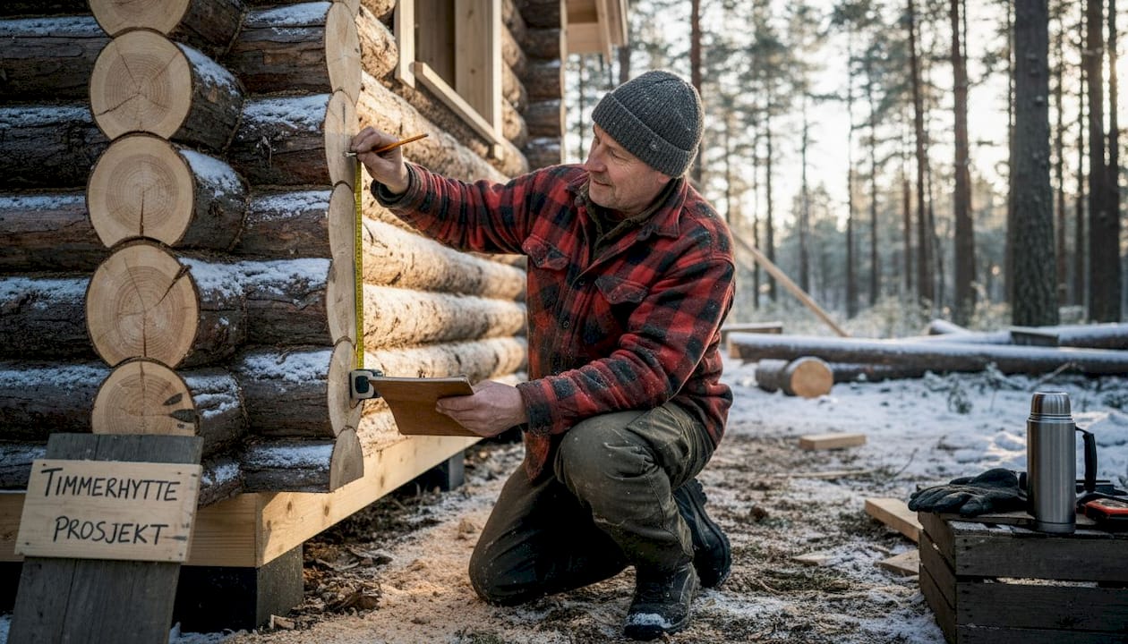 En ansatt sjekker veggtykkelsen utenfor hytta.