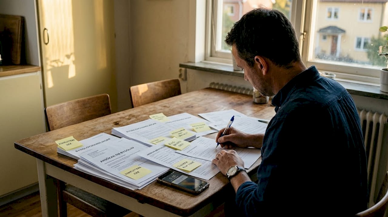 Man sitter hemma och går igenom handlingarna för bygglovet.