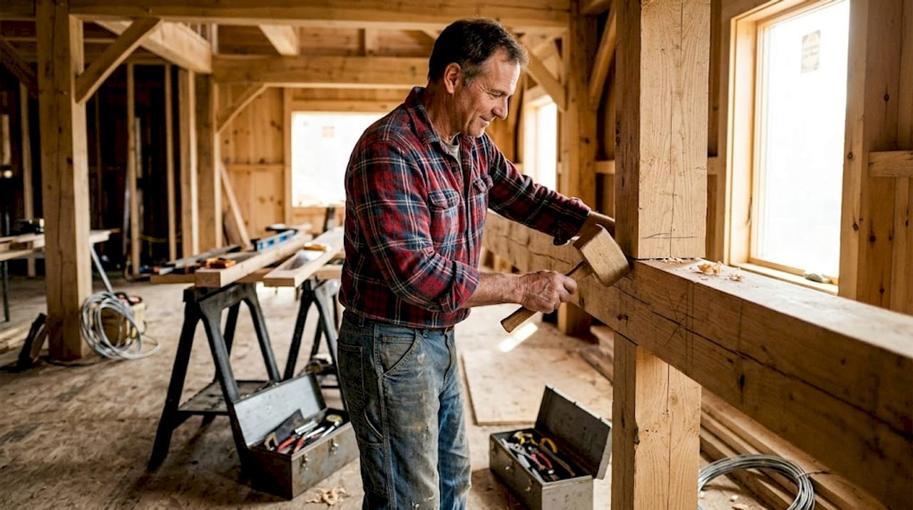 Ein Zimmermann richtet einen Holzbalken beim Bau eines neuen Hauses aus.