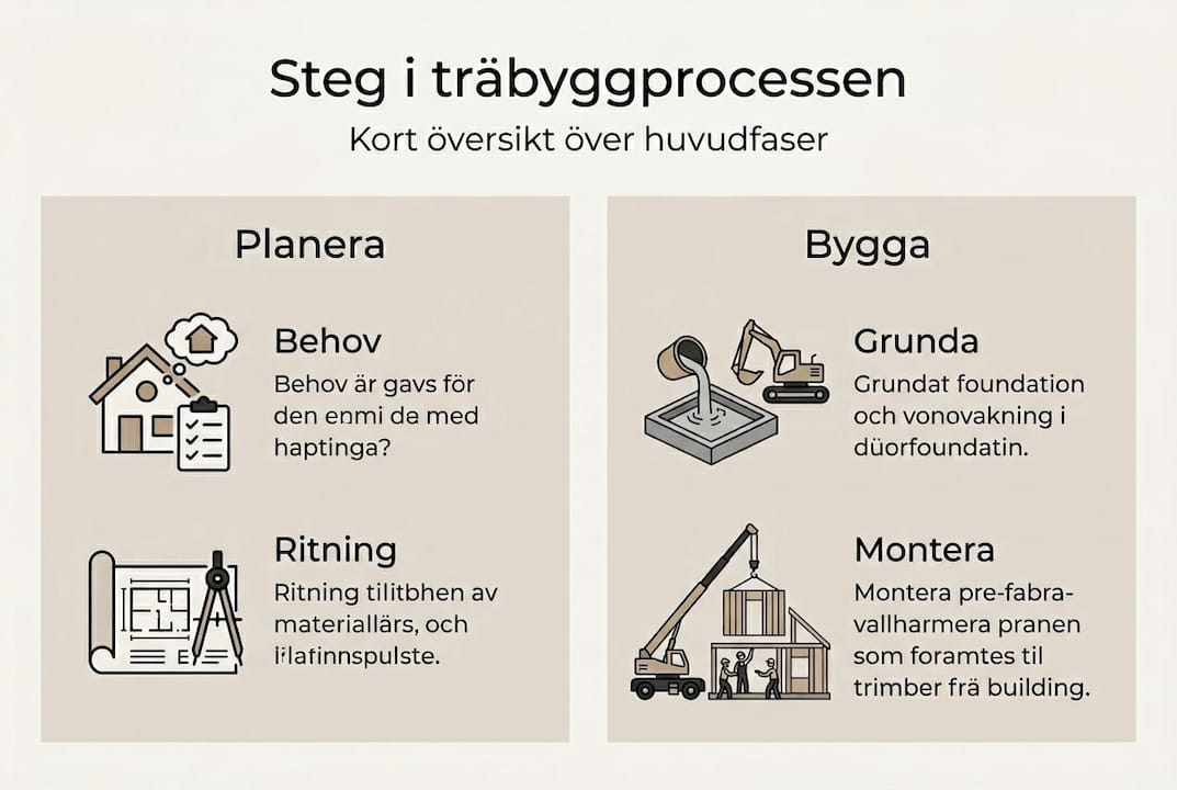 Infografik som visar de olika stegen i byggprocessen med trä