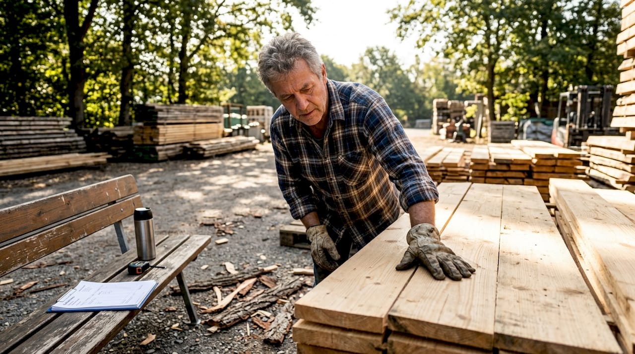 Ein Bauarbeiter kontrolliert die Holzqualität auf dem Lagerplatz.