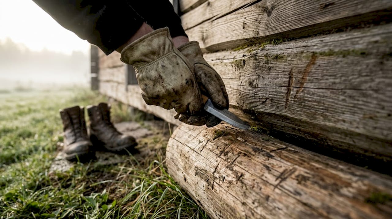 Med van hand undersöks bottensyllen noggrant med hjälp av en kniv.