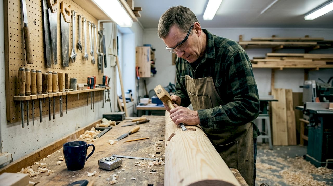 Finnish woodworker forming dovetail joint in shop