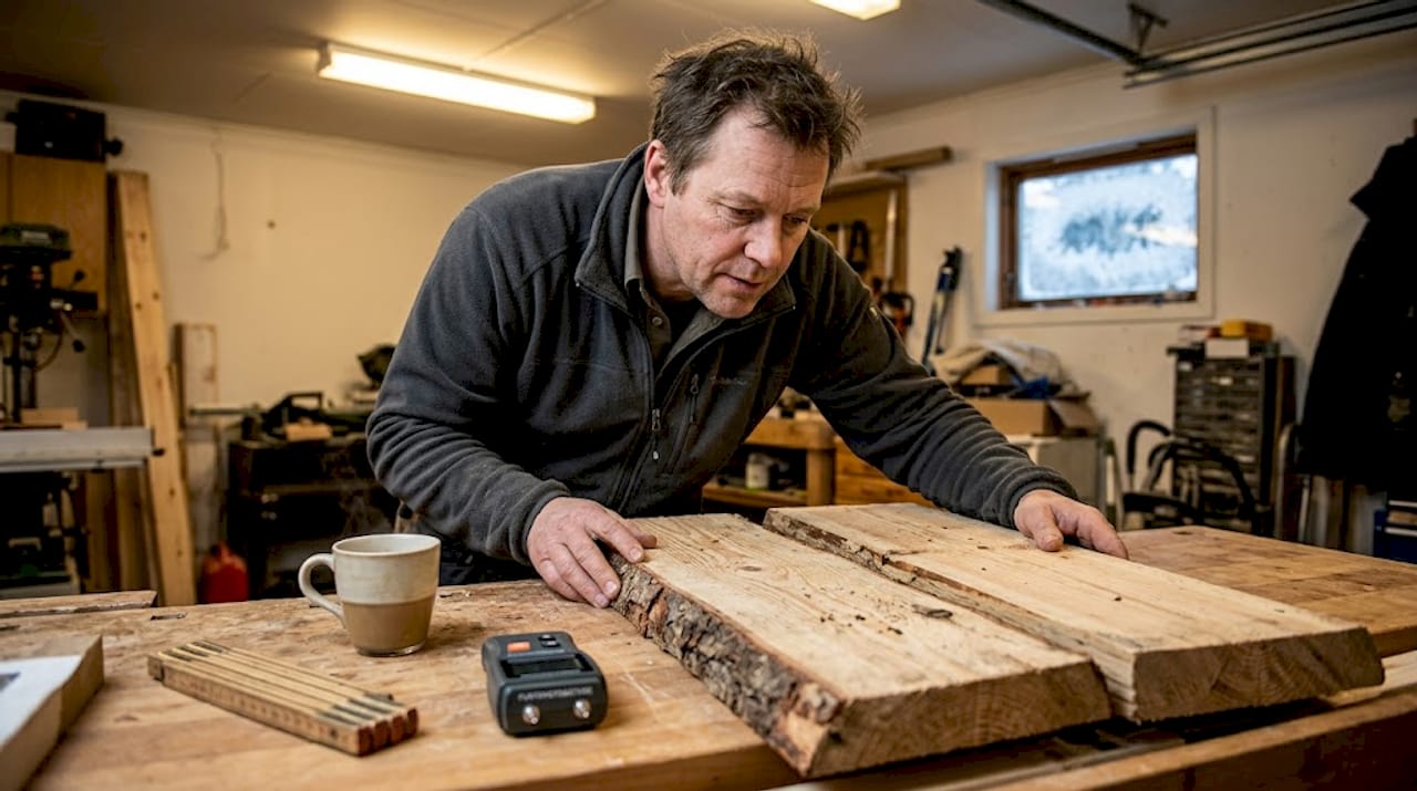 I snickeriverkstaden går hantverkaren noggrant igenom både gran och furu för att välja ut det bästa virket till sina projekt.