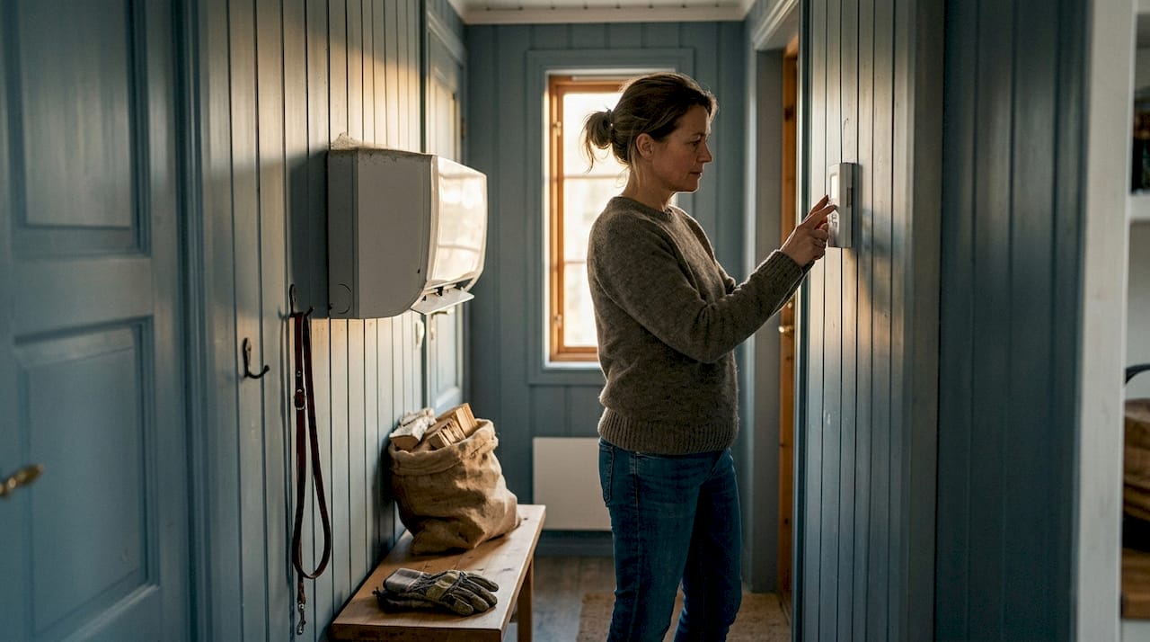 En kvinne stiller inn varmepumpa i gangen på hytta.