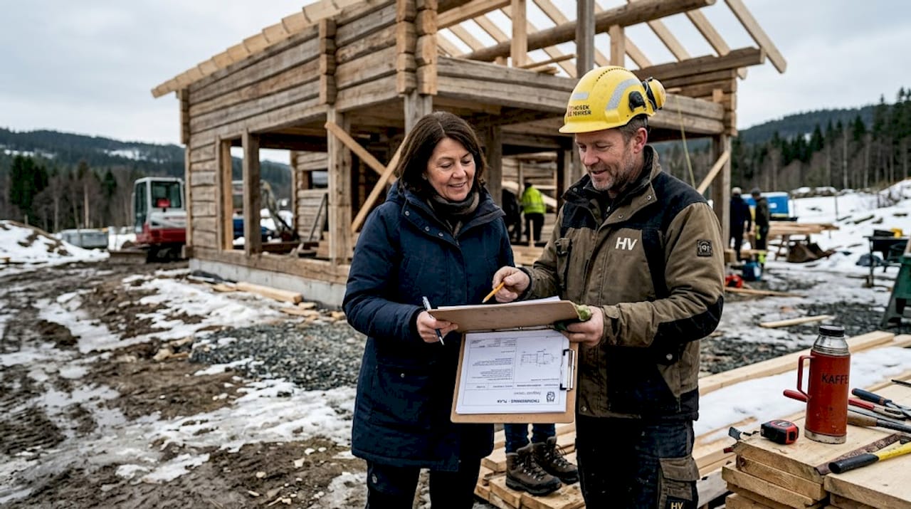 Entreprenøren og kunden står sammen utenfor tømmerhuset og diskuterer prosjektet.
