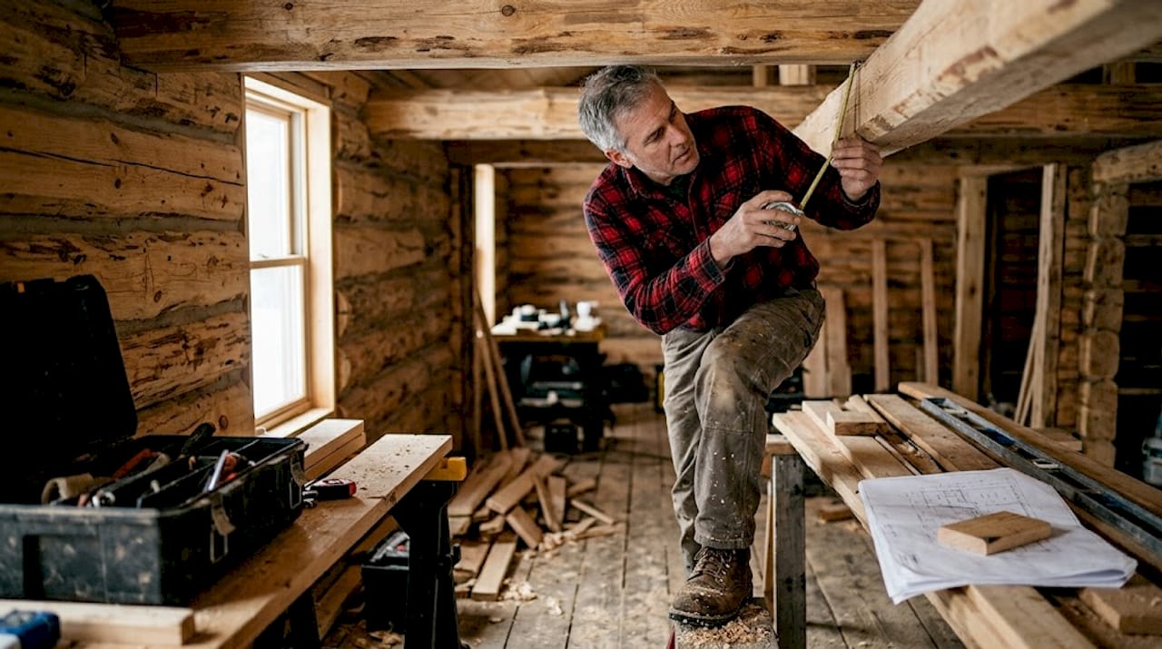 En snekker står inne i en laftet hytte og måler tømmerstokker.
