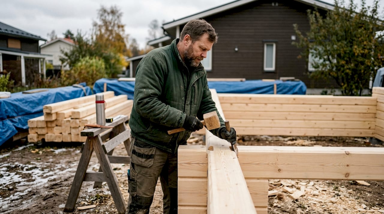 Carpenter assembling milled logs on Finnish site