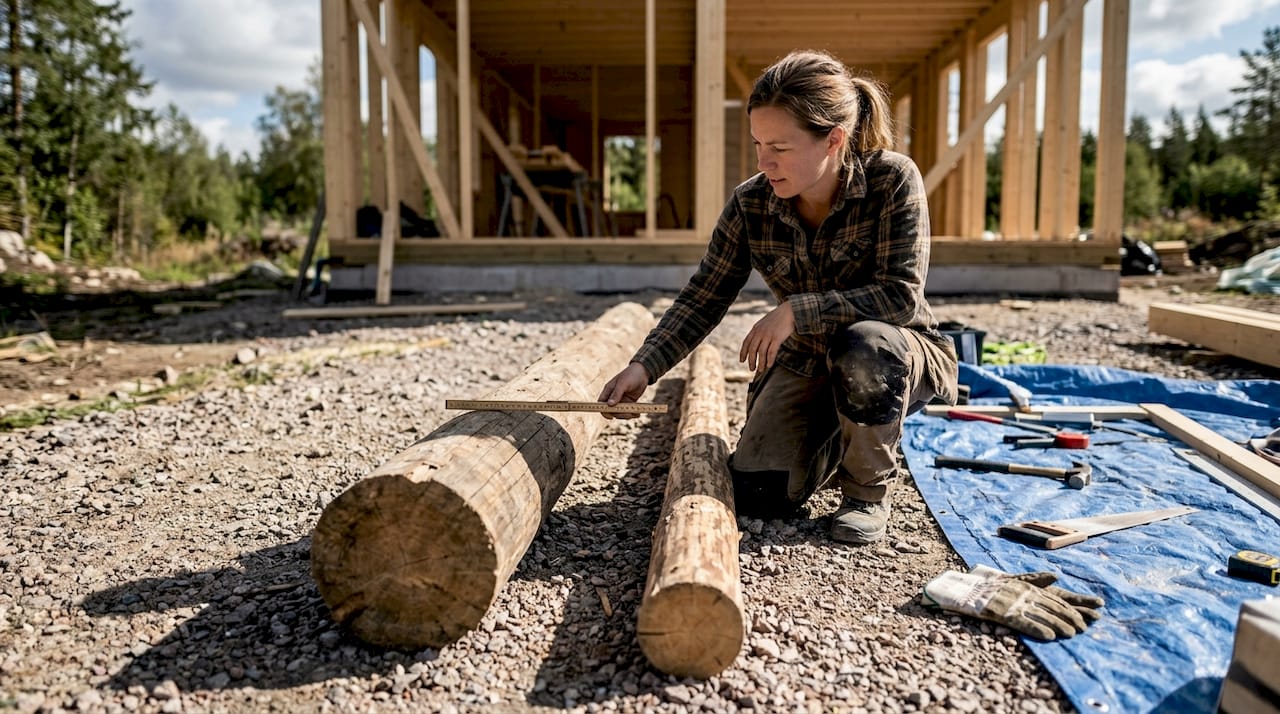 En kvinna står och mäter tjockleken på några timmerstockar.
