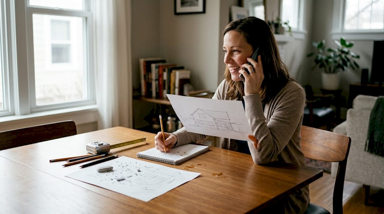 Eine Frau sitzt am Tisch und bespricht gemeinsam mit anderen die Entwürfe für ein Holzbauprojekt.