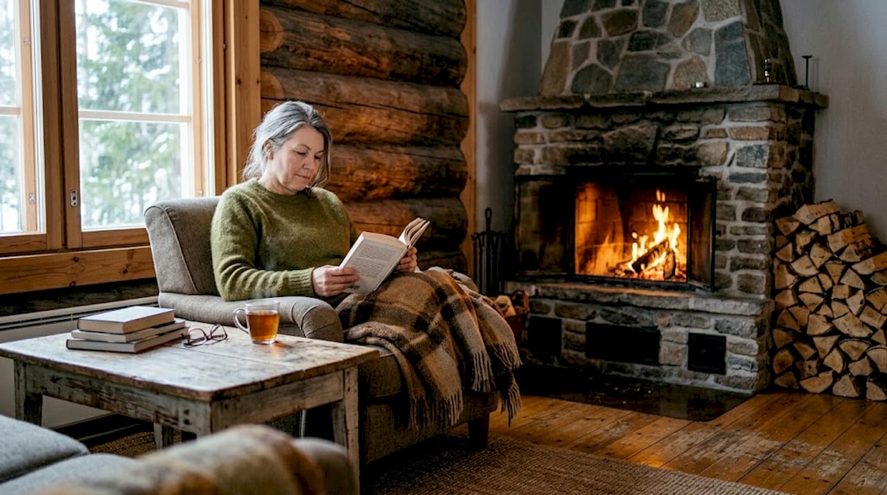 Woman relaxing in log home interior