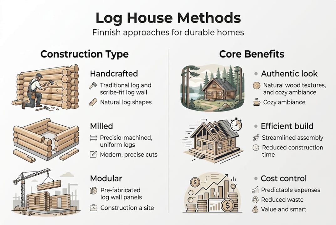 Infographic comparing log house methods and benefits