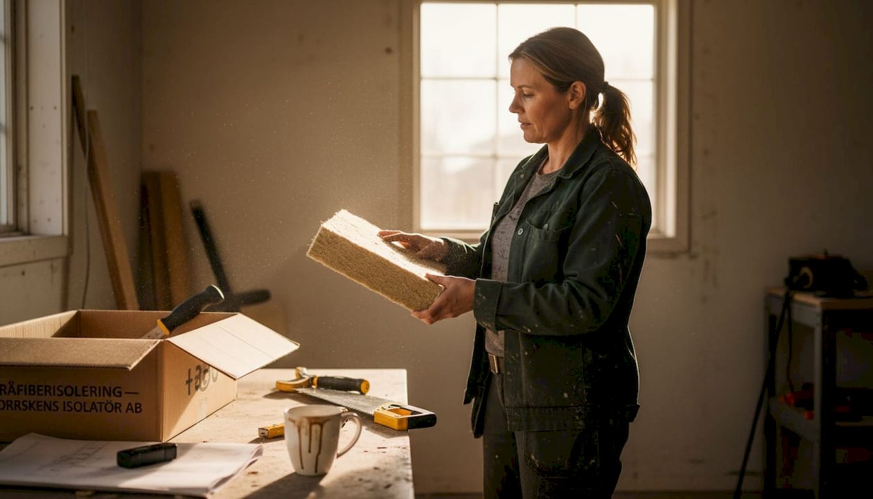En kvinna granskar ett block av träfiberisolering