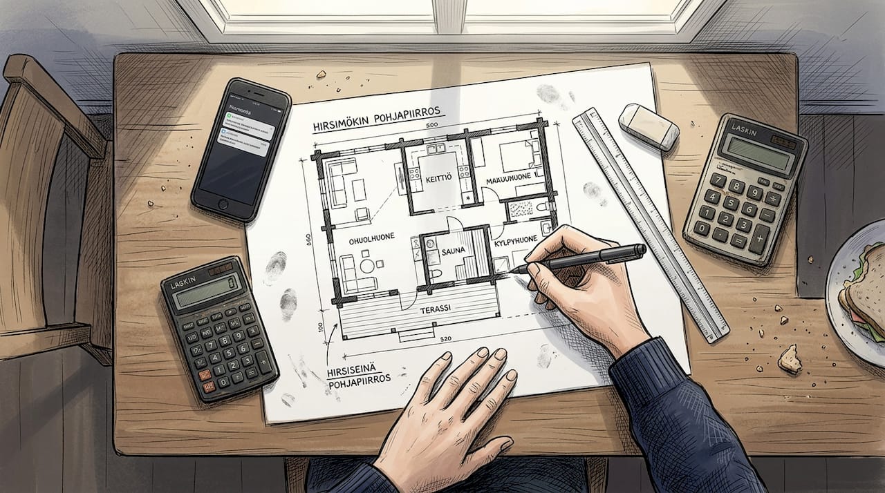 Hirsitalon pohjapiirustuksen luonnostelua keittiön pöydän ääressä