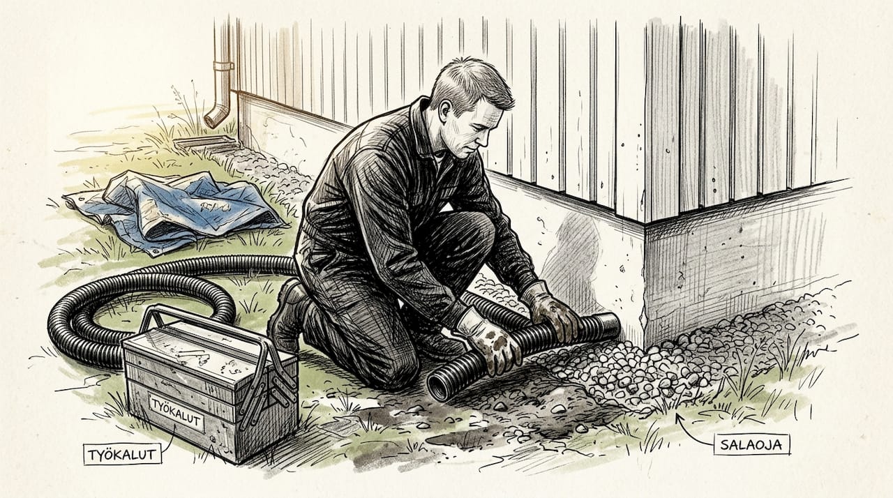 Talon viemäriputkea asentamassa ollut ammattilainen varmistaa, että sade- ja jätevedet ohjautuvat turvallisesti pois rakennuksen perustuksista.