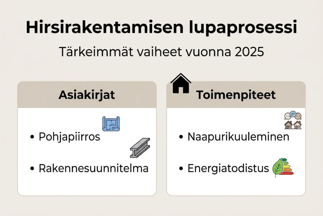 Havainnollinen kuva hirsitalon rakennusluvan hakuprosessin eri vaiheista