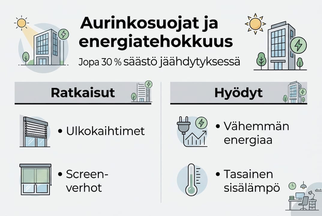 Aurinkosuojien tuoma energiansäästö ja muut hyödyt – havainnollinen infografiikka