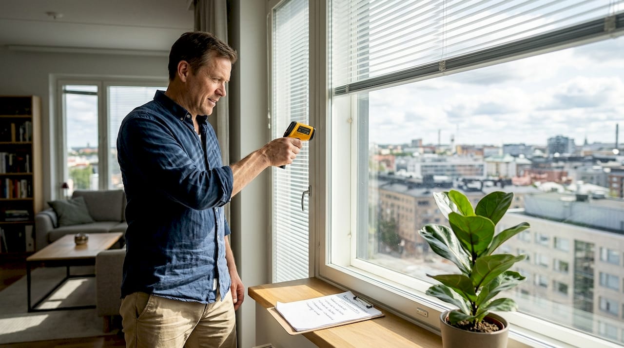 Insinööri tarkistaa ikkunan lämpötilan infrapunalämpömittarilla.