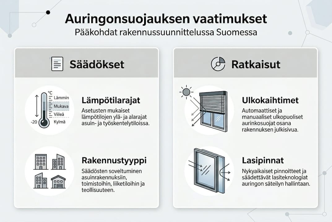 Kuvallinen opas rakennusten auringonsuojavaatimuksiin
