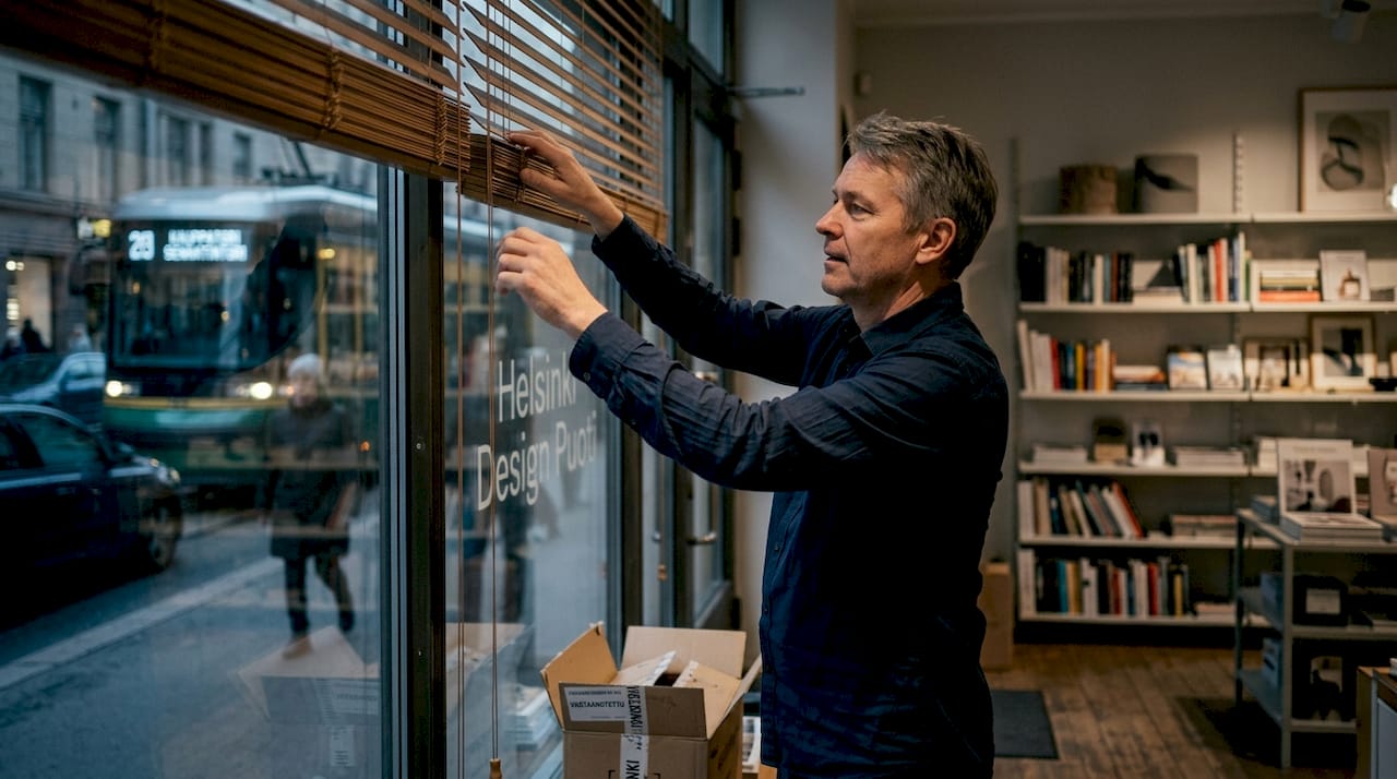 Liiketilan omistaja vetää isot sälekaihtimet kiinni.