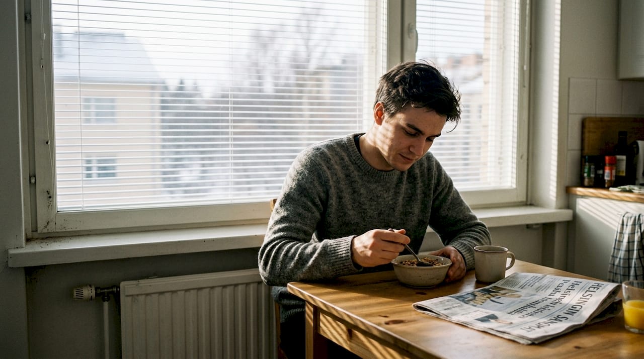Mies nauttii aamiaista antistaattisten sälekaihtimien läheisyydessä.
