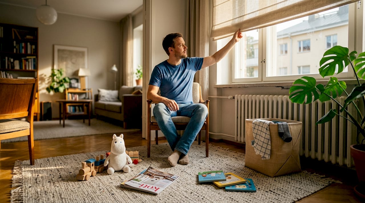 Mies säätää kaihdinta aurinkoisessa olohuoneessa.