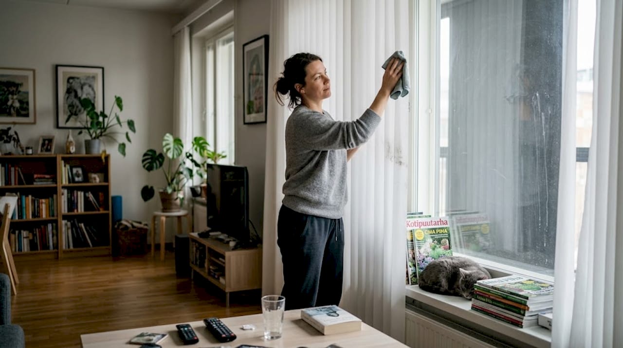 Helsinkiläisnainen pyyhkii kotinsa sälekaihtimia puhtaaksi.