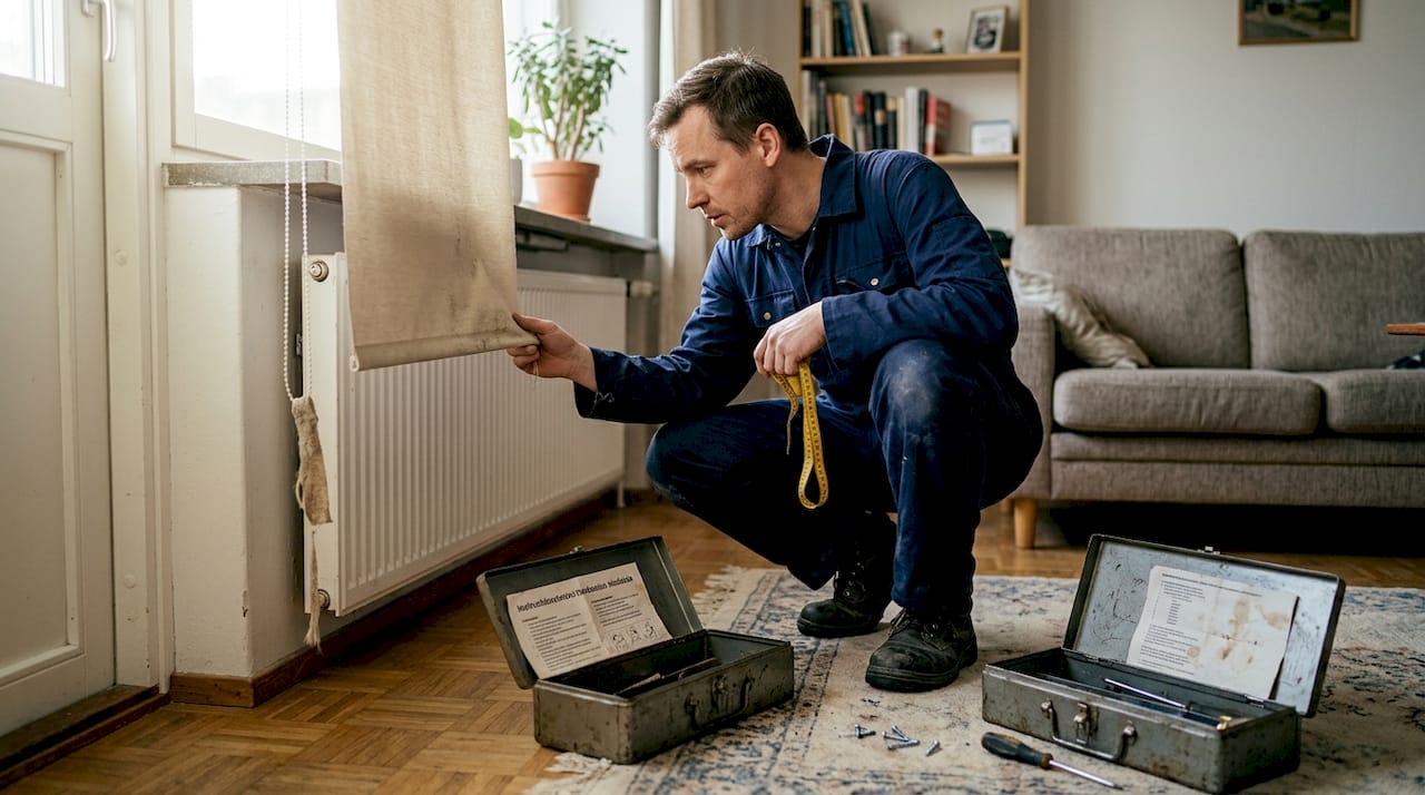 Asiantuntija tarkistaa palorullaverhon materiaalin turvallisuuden.