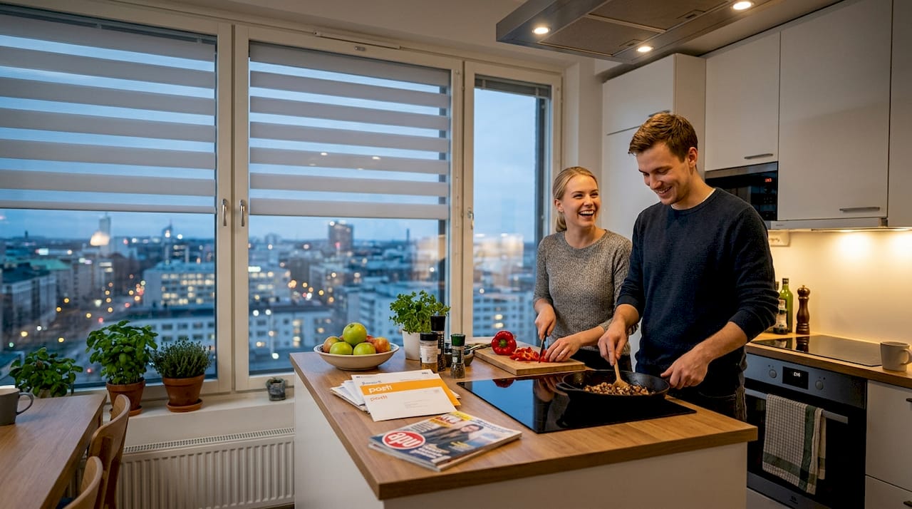 Kaupunkiasunnon keittiö, jossa sälekaihtimet tuomassa yksityisyyttä