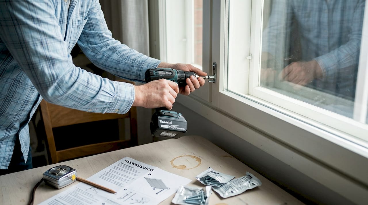 Porakoneella kiinnitetään aurinkosuojan kannaketta paikoilleen.