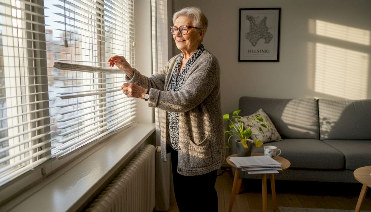 Olohuoneessa asukas säätää ikkunan sälekaihtimia mieleisekseen.