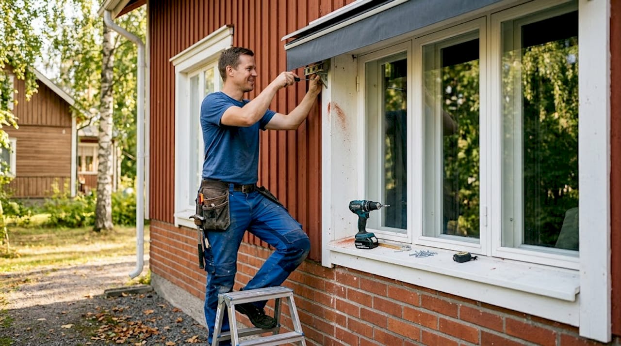 Asentaja kiinnittää ulkokaihdinta ikkunan yläpuolelle.