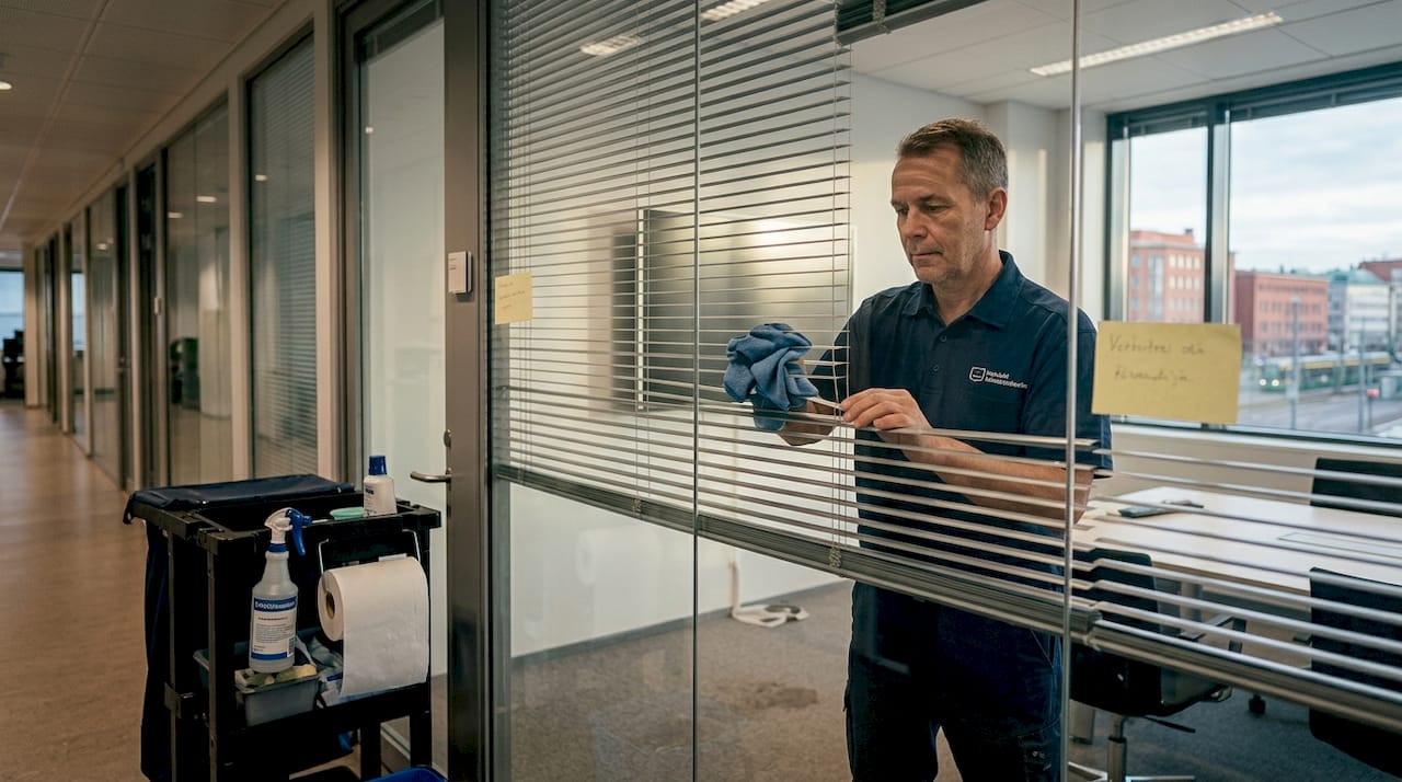 Siivooja pyyhkii kokoushuoneen sälekaihtimia puhtaaksi.
