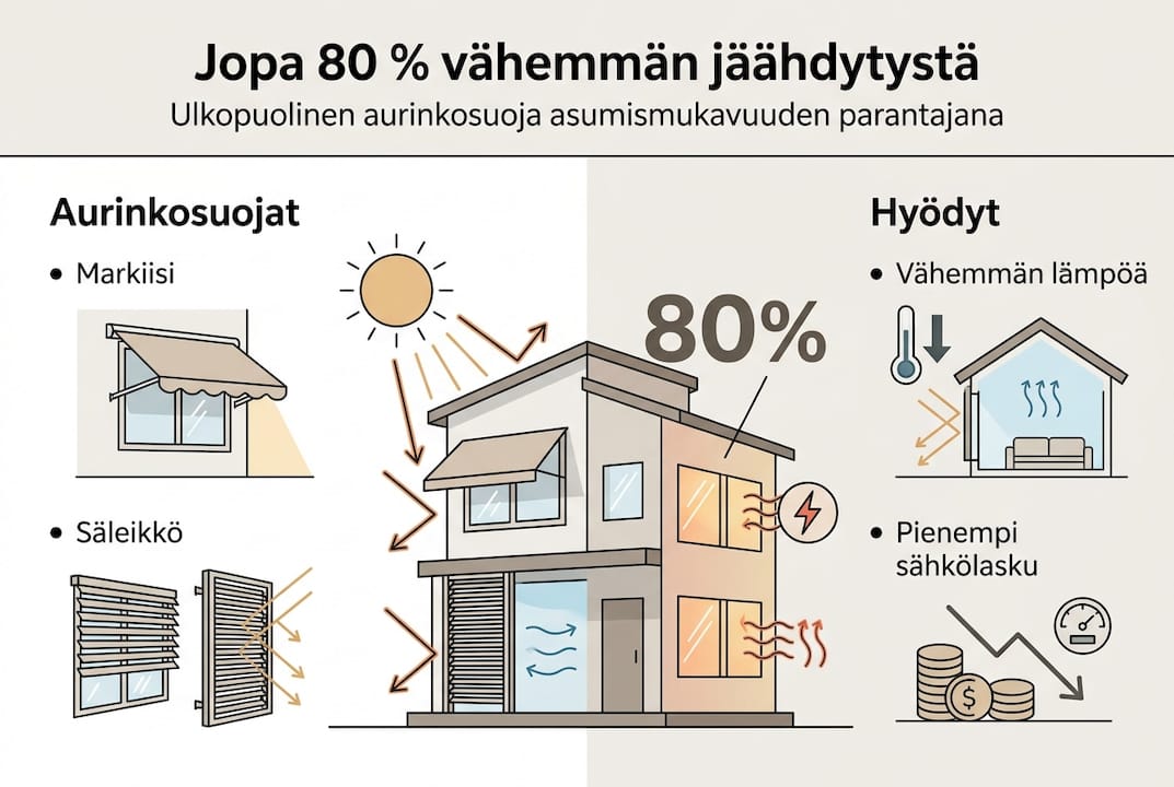 Infografiikka: Miten aurinkosuoja auttaa pitämään tilat viileinä