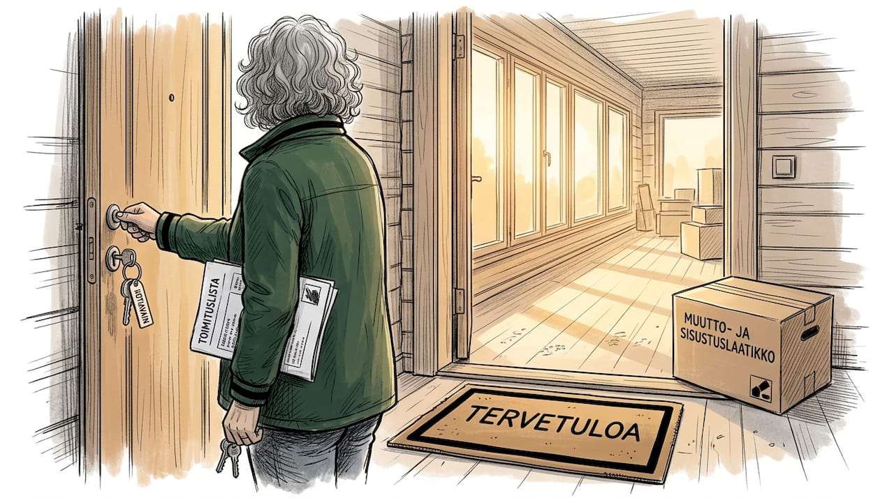 Uuden puutalon omistaja astuu ensi kertaa sisään avaimet kädessään.