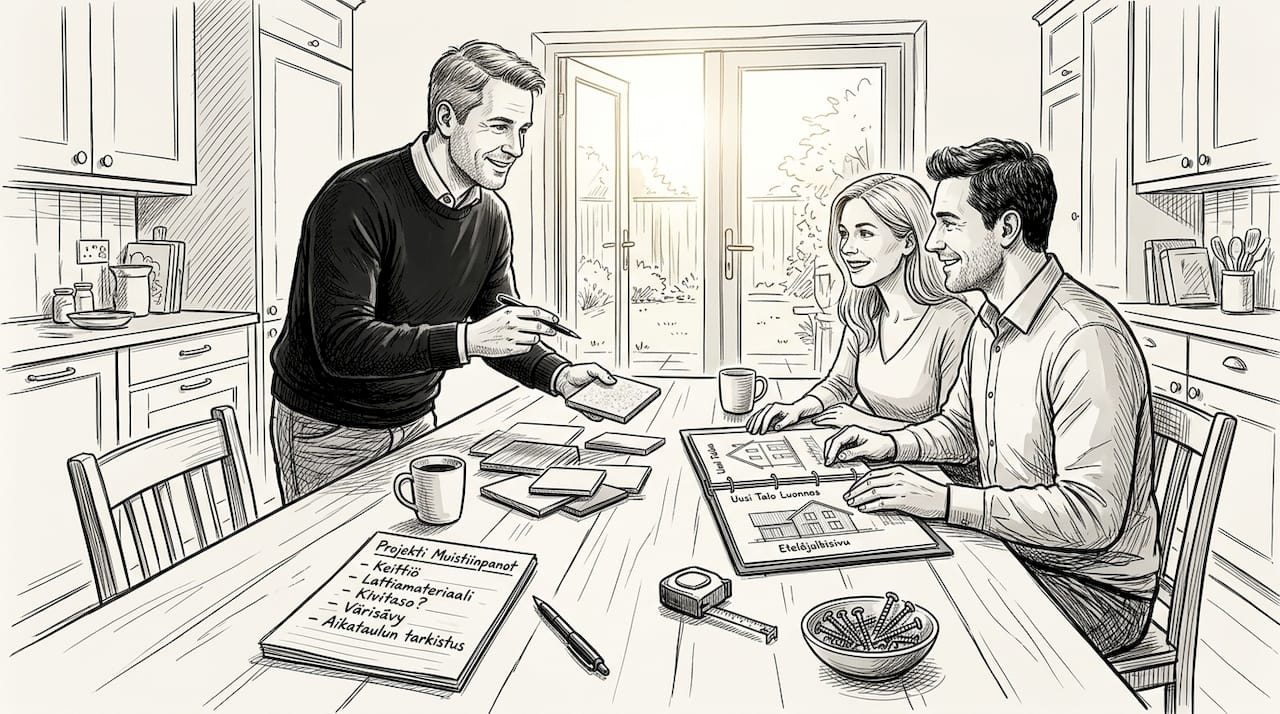 Projektipäällikkö käy asiakkaiden kanssa läpi erilaisia puumateriaaleja ja auttaa valitsemaan sopivimman vaihtoehdon.