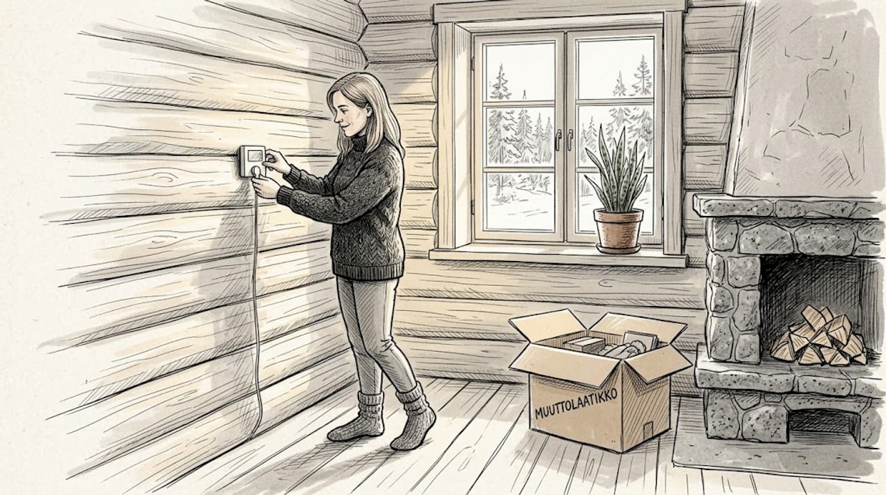 Nainen kytkee termostaattia hirsitalon sisällä.