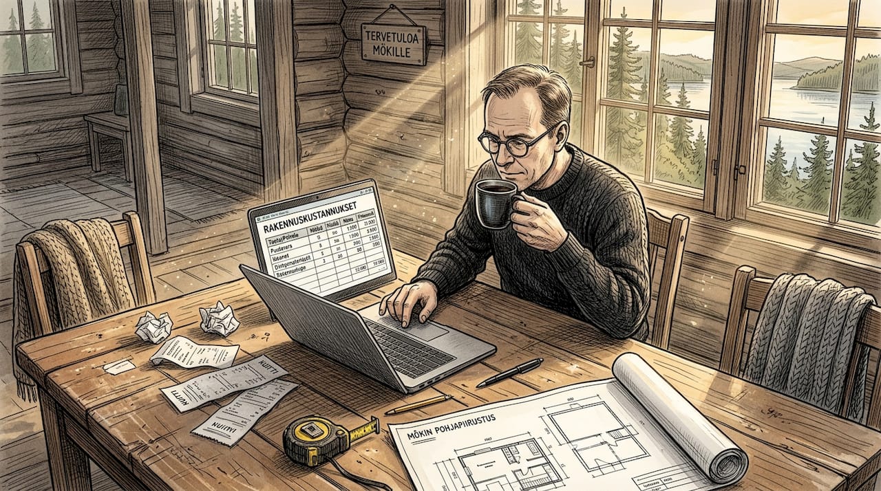 Mies tekee mökin budjettilaskelmia mökin ruokapöydän ääressä.