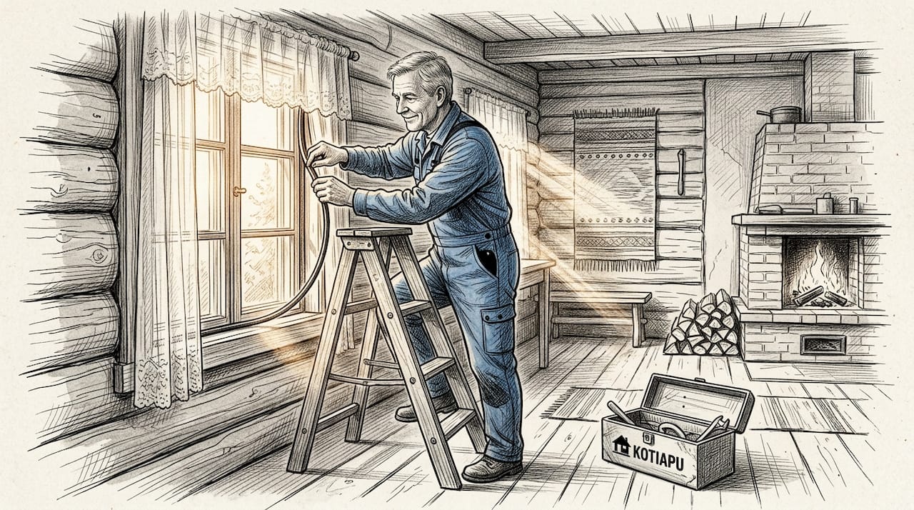 Hirsitalon omistaja huolehtimassa ikkunan kunnossapidosta