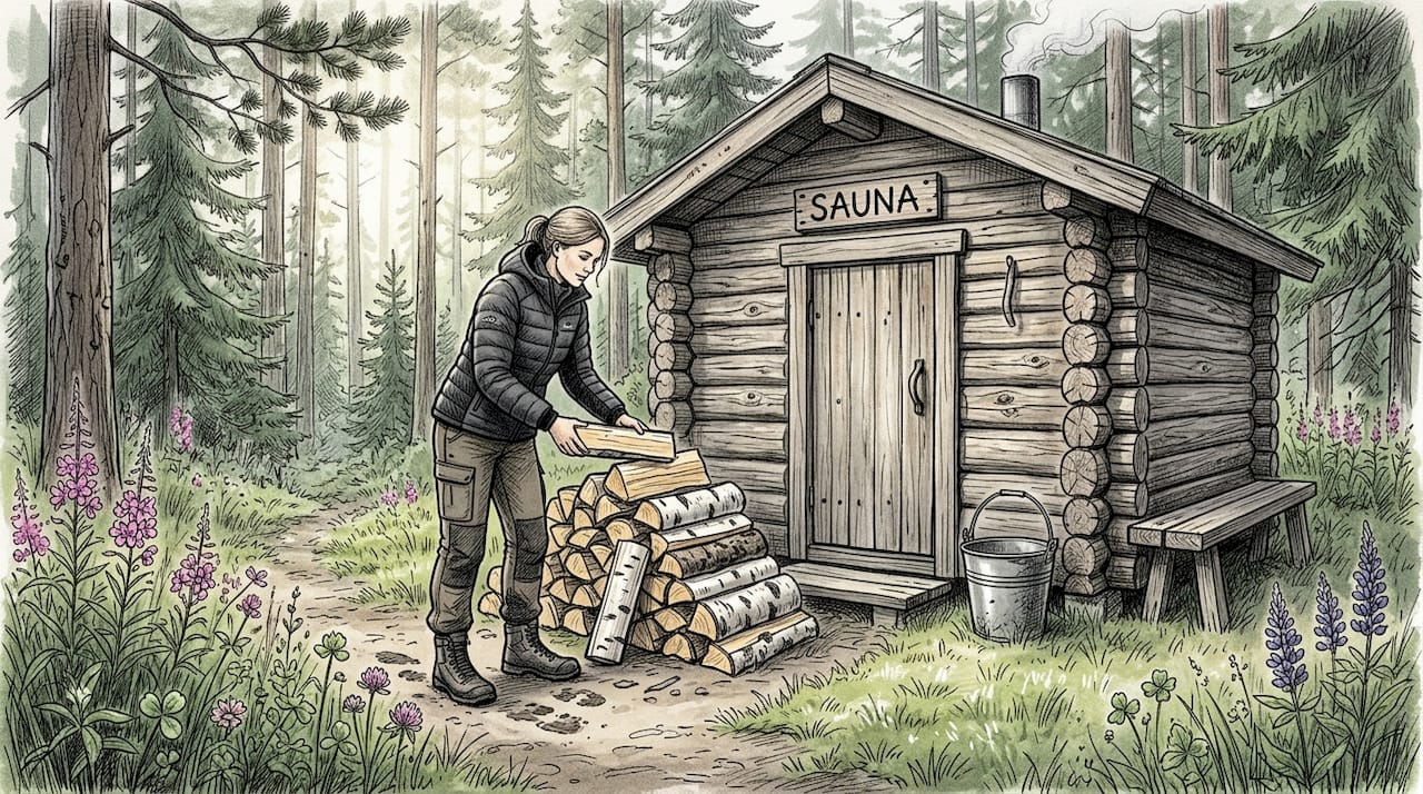 Nainen kantaa halkoja rantasaunan viereisessä metsänreunassa.